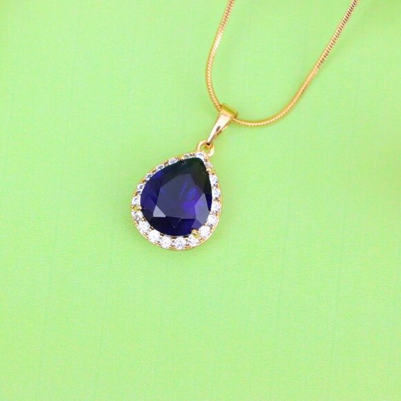 "Teardrop Deep Blue Pendant with Crystal Halo in Rose Gold Finish, XPPT1617 - Picture 11 of 13